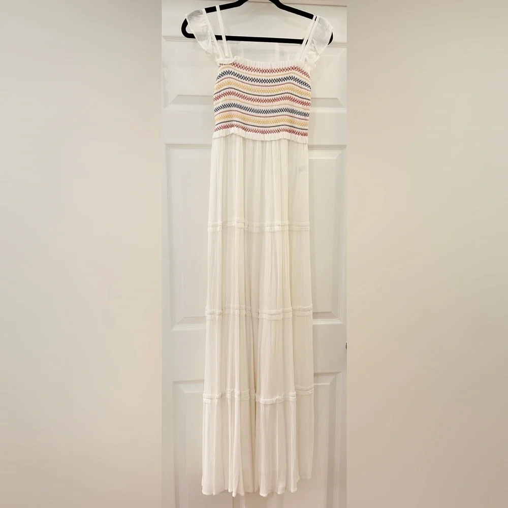 NWT Tory Burch Smocked Rainbow White Maxi Dress sz XS